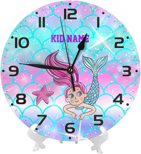 Vista 2 de Reloj de pared personalizado con escamas de sirena coloridas y estrellas de mar para habitación de niños, reloj de pared personalizado con nombre