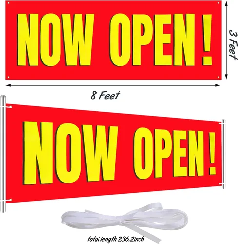 Vista 2 de Banner grande "Now Open" (abierto) para interior y exterior de poliéster, tela Oxford, letrero "Now Open" colgante para decoración de césped, Fondo