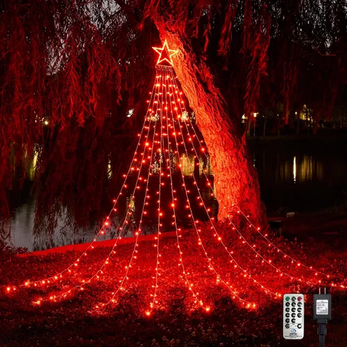 Vista 10 de WBao 344 luces LED de Navidad para decoración al aire libre con estrella de 12 pulgadas, luces de Navidad de cascada de 11.9 pies, control remoto, 8