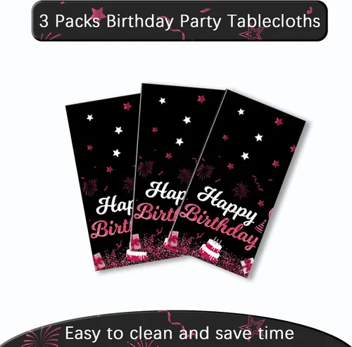 Vista 4 de MRJ Black Party Supplies - Paquete de 3 manteles de feliz cumpleaños con estrellas rosas y negras, decoraciones perfectas para fiestas de cumpleaños
