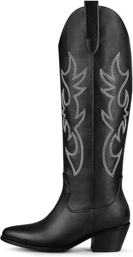 Vista 9 de Ouepiano - Botas vaqueras blancas para mujer, botas con longitud hasta la rodilla, tacón grueso y puntera puntiaguda, sin cordones, pantorrilla