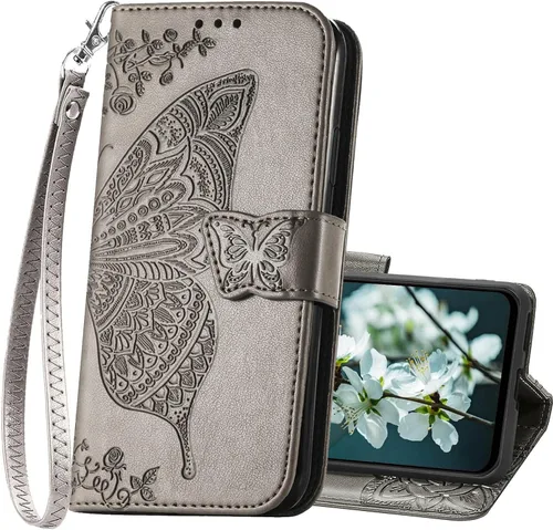 Vista 8 de Funda para teléfono Galaxy A14 5G, funda de piel sintética en relieve de mariposa con tarjeteros para tarjetas de crédito, correa de muñeca