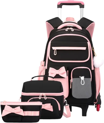 Vista 15 de Mochila con ruedas para niñas, mochila con ruedas para escuela primaria, bolsa de libros con ruedas con 6 ruedas, 3 ruedas negras y azules-6