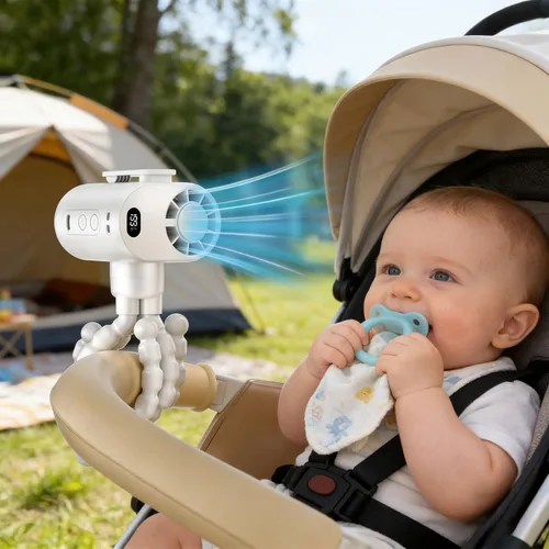 Vista 2 de Flexible Multi Leg Clip On Stroller Fan with 5 Settings and 4000mAh Rechargeable Battery for Infant Crib and Tr White