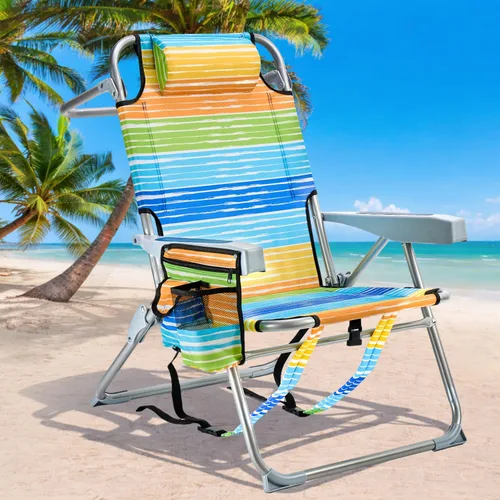 Vista 10 de GVDV Sillas de playa tipo mochila para adultos, silla plegable plana portátil con portavasos y toalleros, silla reclinable ajustable de 4 posiciones