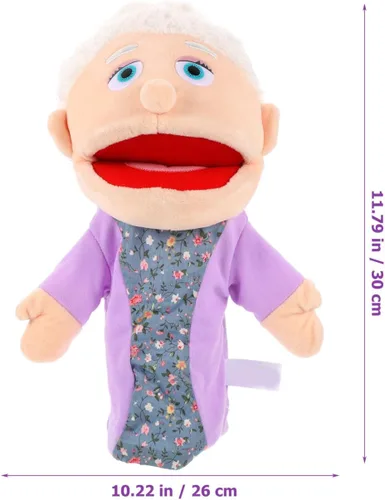 Vista 6 de Marioneta de mano para abuela, figura de miembro de la familia con boca móvil, marioneta de mano de felpa, juguetes de simulación, accesorios