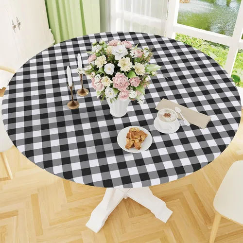Vista 18 de Smiry - Mantel redondo de picnic de vinilo elástico impermeable con respaldo de franela, mantel de vinilo ajustable para mesas de 31-35 pulgadas