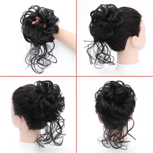 Vista 2 de KETHBE Moño desordenado, extensión de moños de pelo despeinado, banda elástica para el cabello, moño rizado para mujeres (negro)