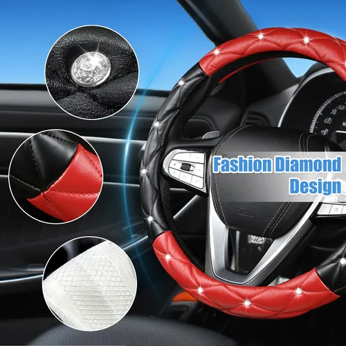 Vista 4 de SuperKaKa Funda para volante negra y roja, accesorios de interior de automóvil de estilo diamante con brillo lindo y cómodo, protector brillante que