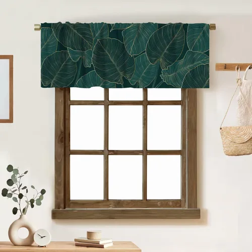 Vista 10 de Cortina de cenefa de hojas verdes tropicales, diseño de hojas de palmera, cenefa con bolsillo para barra, 1 panel, cortinas cortas para cocina