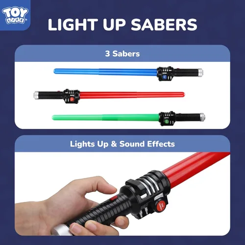 Vista 3 de TOY Life Sable iluminado – Paquete de 3 sables de iluminación, espada de sable de luz extensible y plegable, juego de juguetes de sable con sonido