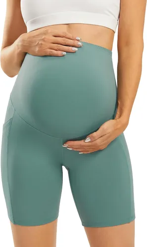 Vista 2 de JOYSPELS Pantalones cortos de maternidad sobre el vientre para entrenamiento atlético con bolsillos