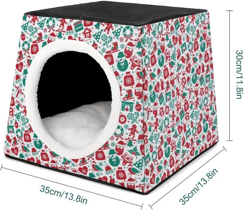 Vista 2 de Cama de tres usos para gatos, sofá plegable para gatos, refugio para gatos, juguete rascador con cojín extraíble con patrón navideño