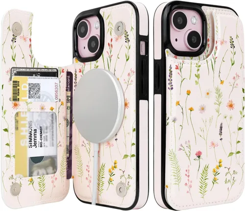 Vista 11 de uCOLOR - Funda tipo cartera para iPhone 15 con tarjetero y diseño de lunares con leche de almendra Bloqueo RFID de piel sintética para mujeres