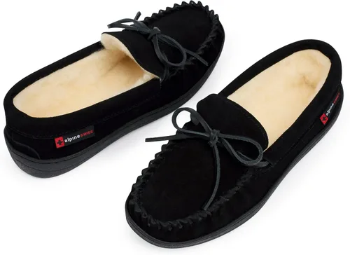 Vista 5 de Alpine Swiss Sabine - Pantuflas tipo mocasín para mujer, zapato de casa de gamuza auténtica, plantilla de espuma viscoelástica, piel de oveja Negro