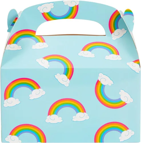 Vista 7 de Blue Panda Paquete de 24 cajas de recuerdos de fiesta a dos aguas de arco iris, caja a dos aguas fácil de desplegar con asa incorporada, bolsas