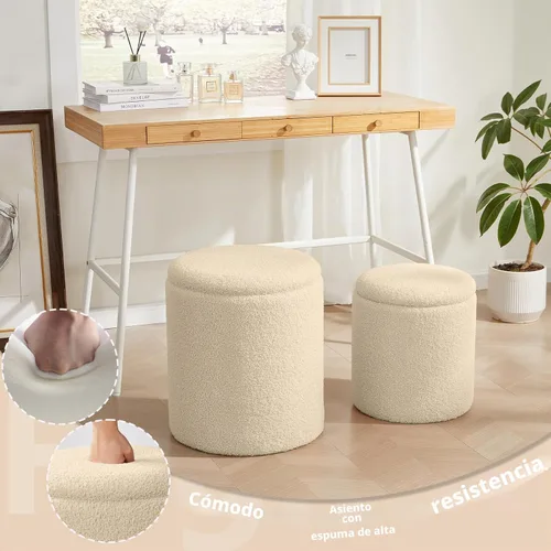 Vista 5 de Royal Windsor Boucle - Juego de 2 otomanas redondas con almacenamiento, taburete pequeño para sala de estar, mesa de centro pequeña, taburete