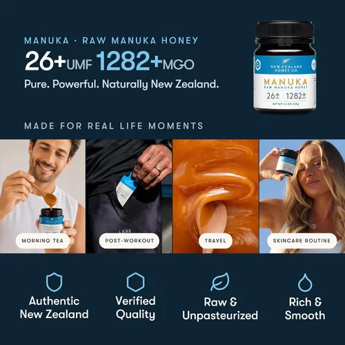 Vista 4 de New Zealand Honey Co. Miel de manuka cruda UMF 26+ MGO 1282+, certificado UMF /4.4oz