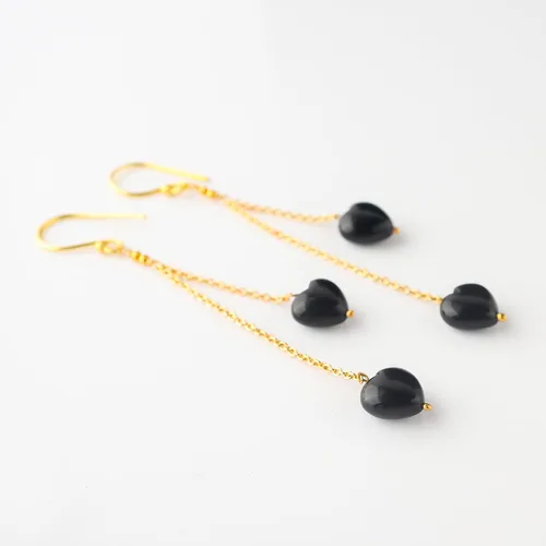 Vista 2 de Aretes de ónix negro natural, delicados aretes de gota de corazón, cristal de piedra natal, regalo para mujeres, cristales curativos de energía