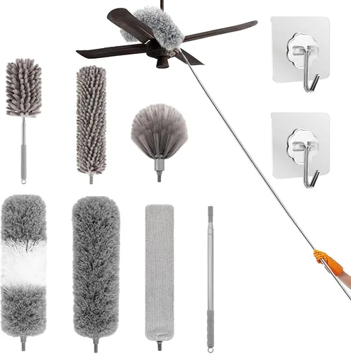 Vista 8 de Plumero de microfibra curvada retráctil lavable, plumero de microfibra con poste de extensión, plumero de plumas de microfibra, reutilizable