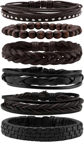 Vista 6 de MILAKOO Pulsera de cuero trenzado para hombres y mujeres, ajustable, color negro y marrón