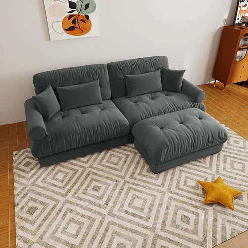 Vista 89 de Sofá modular de gran tamaño de 94 pulgadas, sofás seccionales grandes de color beige y blanco para sala de estar, juego de sofá de terciopelo, sofás