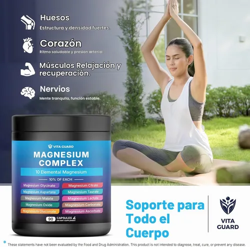 Vista 6 de Vita Guard Magnesium Complex 1480mg – 10-in-1 with Glycinate, Citrate, Malate & More – High Absorption – Sleep, Muscle, Nerve & Heart Support – 90