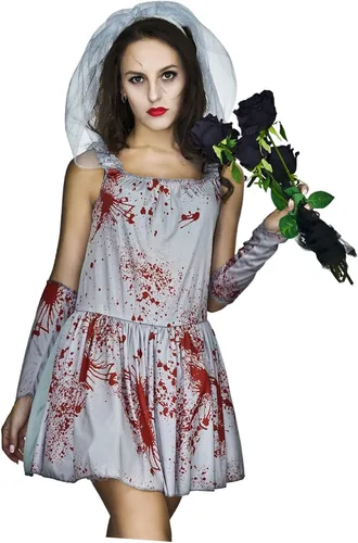 Vista 3 de flatwhite Disfraz de Halloween de novia y novia de zombi sangrienta para mujer, gris, rojo