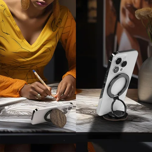 Vista 4 de Carveit Soporte magnético ajustable para teléfono con diseño de madera real para accesorios MagSafe, soporte de anillo de soporte de metal