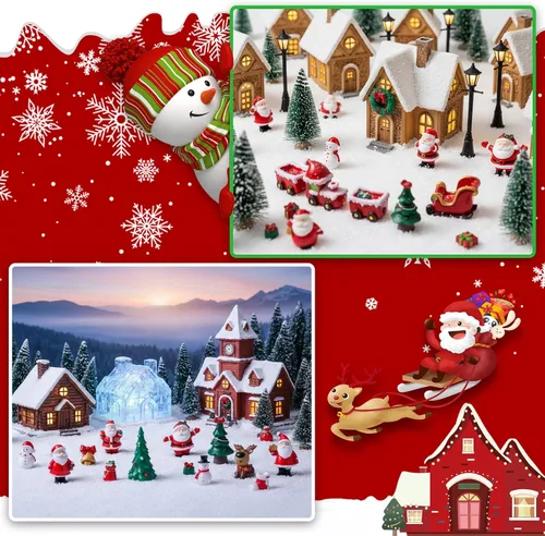 Vista 5 de 58 piezas de figuritas en miniatura de Navidad, miniaturas de Santa Claus, muñeco de nieve, copo de nieve, reno en miniatura de resina, adornos