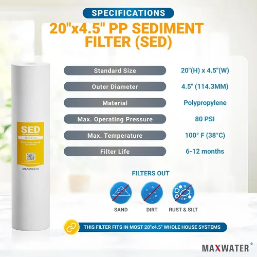 Vista 2 de Max Water Cartucho de filtro de agua de sedimentos de 1 micrón, 20 x 4.5 pulgadas, cartucho de repuesto de filtro de agua para toda la casa