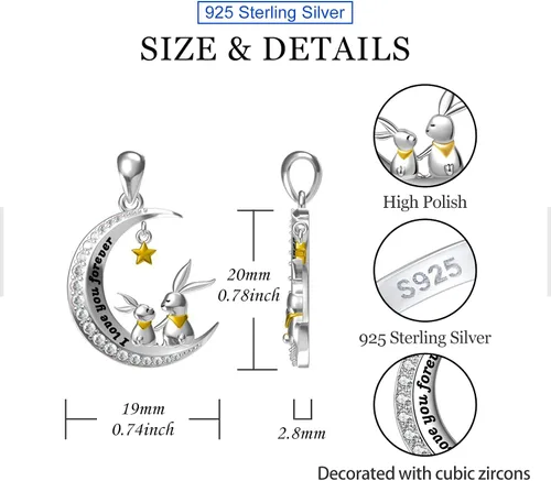 Vista 6 de QIUQIULU CatRabbitBear Necklace 925 Sterling Silver Mother and Child Animal on Moon Pendant Necklace Jewelry Gifts for Women