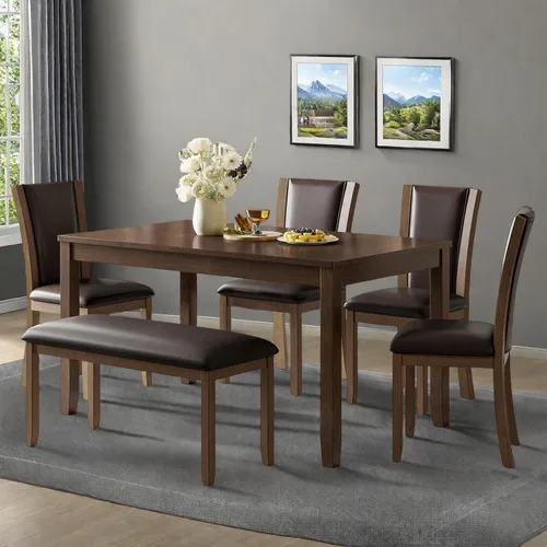 Vista 7 de Juego de mesa de comedor para 6, juego de mesa de comedor de 6 piezas estilo granja con mesa rectangular, 4 sillas tapizadas con respaldo y banco