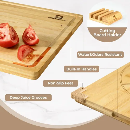 Vista 6 de Piklohas Juego de 4 tablas de cortar grandes de bambú para cocina, tabla de charcutería de bambú con soporte antideslizante, bandeja para servir