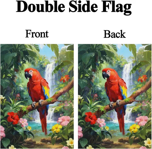 Vista 2 de Bandera de jardín con diseño de pájaros, loro y guacamayo, flores en verano, primavera, bosque tropical, jardín, patio, 12 x 18 pulgadas, banderas