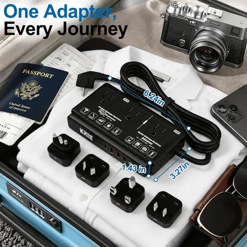 Vista 8 de 220v to 110v Travel Voltage Converter: International Universal Voltage Black Converter US to Europe Power Strip Plug Transformer - 2000W Electric