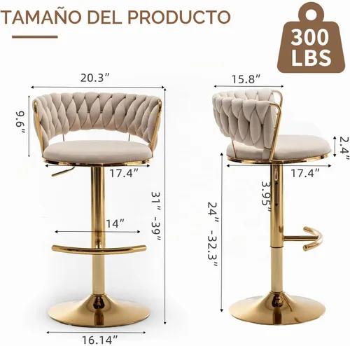 Vista 2 de Taburetes de bar dorados juego de 2, taburetes de bar de terciopelo giratorios con respaldo tejido, taburetes ajustables para isla de cocina, Beige