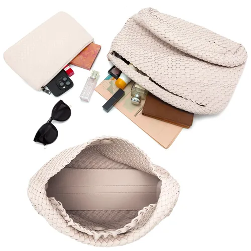 Vista 4 de PS PETITE SIMONE Bolso de mano tejido para mujer, bolso grande tejido de cuero, bolso trenzado, bolso tejido color avellana, A-Cremy blanco