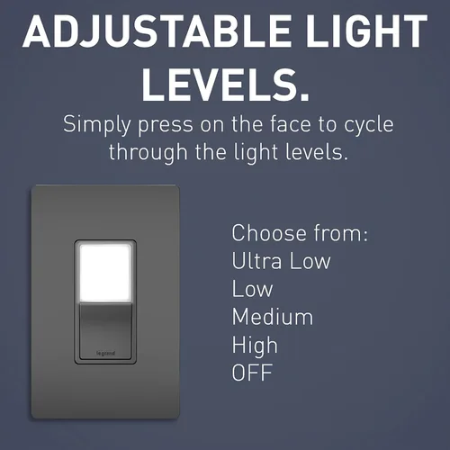 Vista 4 de Legrand Radiant Combination - Interruptor basculante de luz nocturna LED ajustable, 3 vías para pasillo, dormitorio, 5 niveles de luz, NTL873BKCC6