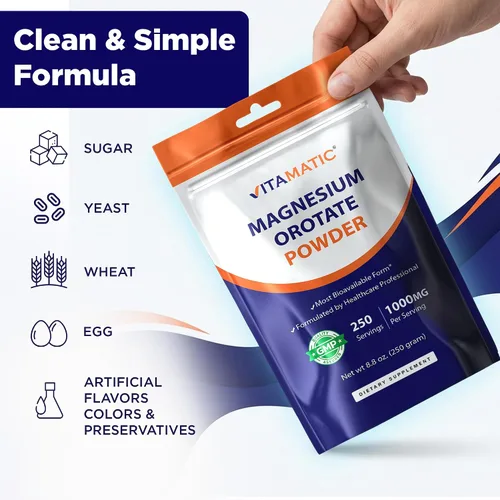 Vista 4 de Vitamatic Orotato de magnesio 1000 mg por porción apoya la salud muscular, las articulaciones y el corazón, 8.82 oz - 250 porciones