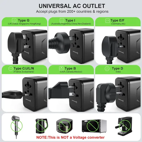 Vista 2 de Realmade Adaptador de viaje universal de 35 W con carga rápida PD, 5 puertos (1 AC/2 USB-A/2 USB-C) adaptador de enchufe de viaje europeo, tipo