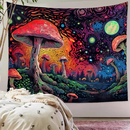 Vista 2 de Tapzen Tapiz de plantas coloridas con estrellas de luna para dormitorio, diseño de bosque de fantasía, bohemio para colgar en la pared