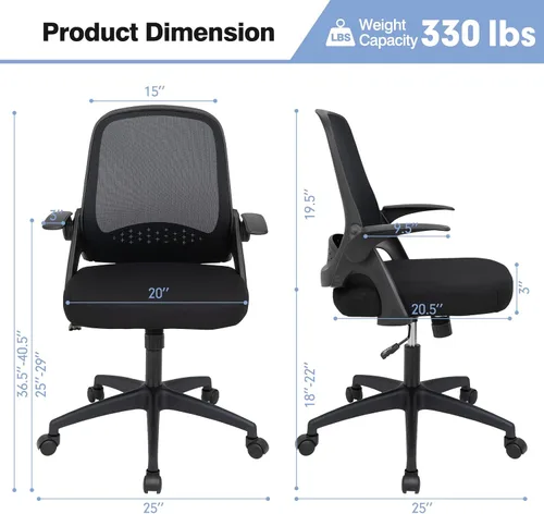 Vista 3 de Giantex Silla ergonómica de malla con respaldo medio para computadora, soporte lumbar, reposabrazos abatibles, silla giratoria de altura ajustable
