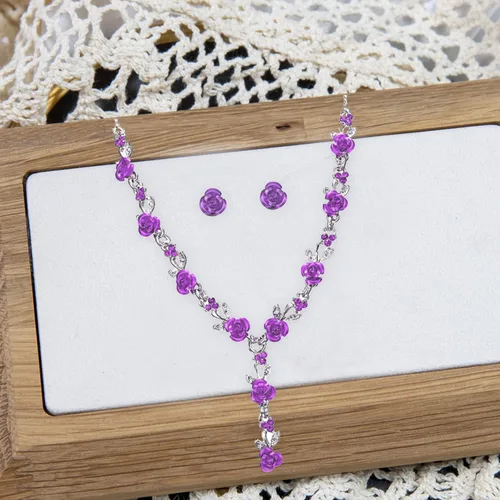 Vista 5 de Aishgjia Collar largo de oro para mujeres y niñas, colgante de rosa de oro, joyería de flores, juego de aretes colgantes para fiesta de cumpleaños