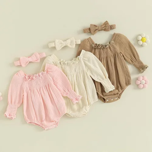 Vista 8 de Baby Girl Outfit Cute Ruffled Romper Long Sleeve Ruched Baby Bodysuit Newborn Baby Girl Clothes