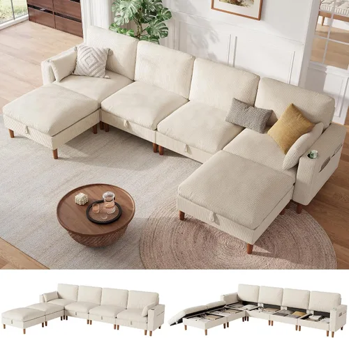 Vista 16 de LINSY HOME Sofá modular modular de 110 pulgadas con almacenamiento, sofá nube de 3 asientos con 1 otomana móvil y 2 almohadas, sofás seccionales
