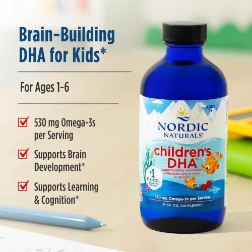 Vista 3 de Nordic Naturals DHA para niños, naranja, 8 onzas para niños, 530 mg de omega-3 con EPA y DHA, desarrollo y función cerebral, sin OMG, 96 porciones
