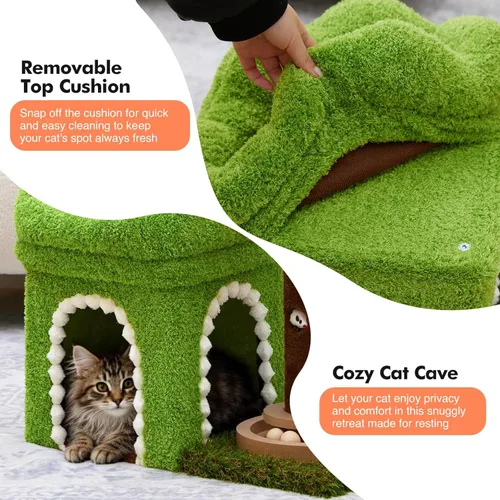 Vista 6 de Woochpet Árbol pequeño para gatos con poste rascador y pista de bolas, torre verde para gatos con hojas realistas para gatitos y gatos pequeños