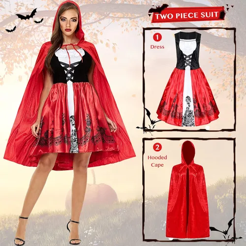Vista 5 de Disfraz de capucha roja para mujer, bata de Halloween, capa de longitud completa con capucha para cosplay