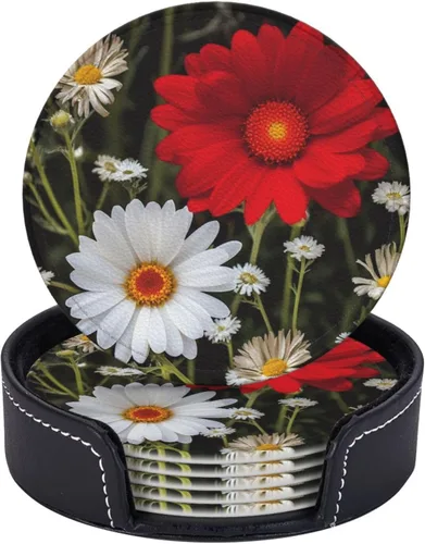 Vista 15 de 6Pcs Drink Coasters Round Leather Coaster with Holder Flowers Coasters for Drinks Coffee Cup Mat Heat Resistant Coaster for Tabletop Protection Desk